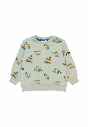 Jasnoszary dziecięcy sweter z nadrukiem żółtych twarzy w okularach przeciwsłonecznych, jeżdżących na deskorolce i pokazujących znaki pokoju.