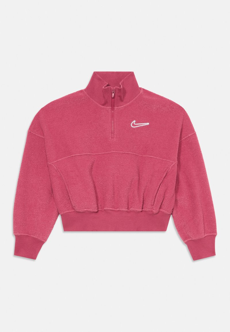 Pullover cropped rosa com gola alta e fecho de meio zíper. Feito de um tecido suave e texturizado com um logo da Nike branco no peito.