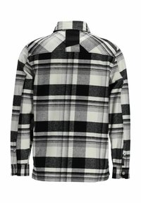 Zwart-wit geruite flanellen shirt met lange mouwen, een knoopkraag en een zijzak. Zachte textuur met een ruitpatroon.