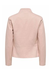 Vue arrière d'un blazer pour femme rose clair à manches longues, coupe ajustée et col montant.