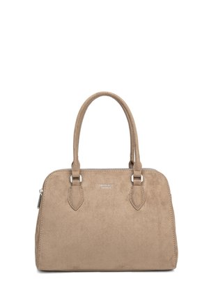 Beige suède handtas met dubbele handvatten, zilveren rits en een subtiel merklogo, gecentreerd nabij de bovenkant aan de voorkant.