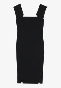 Černé bodycon šaty se čtvercovým výstřihem, širokými ramínky a bočními rozparky; vyrobené z hladkého materiálu s přiléhavým střihem.