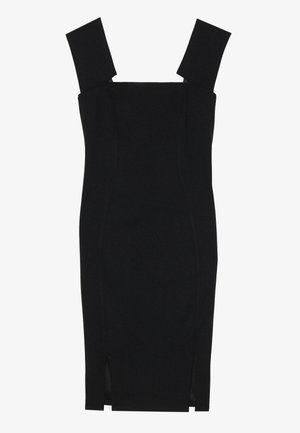 Rochie neagră tip bodycon cu decolteu pătrat, bretele late și fante laterale; confecționată dintr-un material neted, cu o siluetă adaptată.