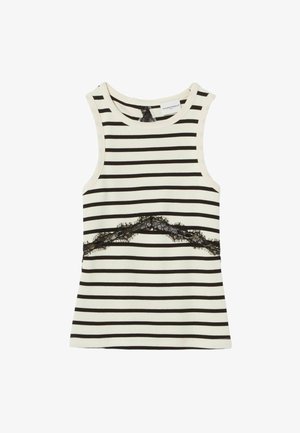 Camiseta sin mangas a rayas en crema y negro, con un adorno decorativo de encaje negro en el pecho. Material suave de algodón.