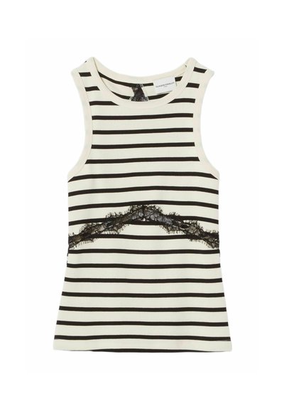 Top senza maniche a righe in crema e nero, con un accento decorativo in pizzo nero sul petto. Morbido cotone.
