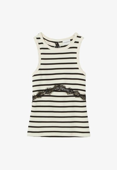 Top senza maniche a righe in crema e nero, con un accento decorativo in pizzo nero sul petto. Morbido cotone.