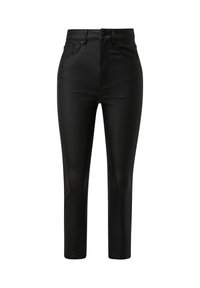 Pantalons noirs taille haute en matériau lisse et extensible. Comprend cinq poches et des passants de ceinture standards ; jambe droite avec un ourlet raccourci.