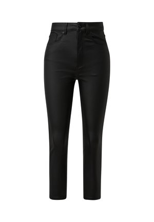 Zwarte, hooggetailleerde broek gemaakt van een glanzend, rekbaar materiaal. Bevat vijf zakken en standaard riemlussen; rechte pijp met een cropped zoom.