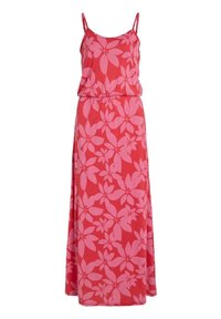Maxi dress in bright coral with pink floral pattern, made of lightweight fabric. Features spaghetti straps and an elastic waist.