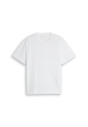 Einfaches weißes T-Shirt mit kurzen Ärmeln und Rundhalsausschnitt, flach auf einem weißen Hintergrund ausgelegt.