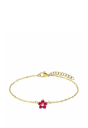 Gouden kettingarmband met een roze bloemenontwerp, versierd met vijf stenen. Verstelbare lengte met een karabijnsluiting. Glad van structuur.