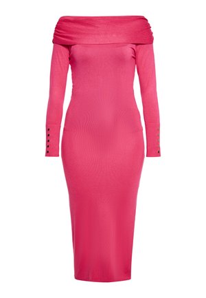 Prilegla roza obleka brez naramnic z dolgimi rokavi in gumbi na manšetah. Gladka tekstura in dolžina do kolen.