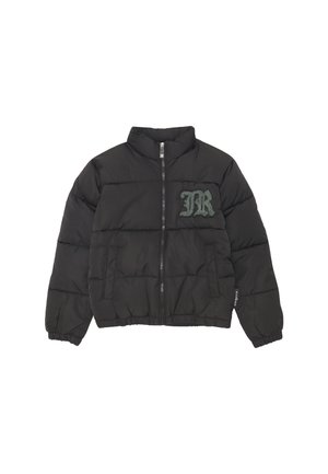 Giacca a vento nera con chiusura a zip, colletto alto e design trapuntato. Presenta un logo ricamato "JR" in verde scuro sul petto.