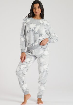 Gray fleece loungewear set featuring a sweatshirt and pants with a penguin pattern, ribbed cuffs, and a soft texture for comfort.