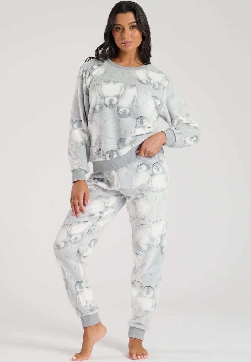 Set di abbigliamento da loungewear grigio in pile, composto da una felpa e pantaloni con un motivo di pinguini, polsini a costine e una texture morbida per il massimo comfort.