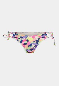 Fundo de bikini com um padrão floral multicolorido, apresentando laços laterais ajustáveis e uma textura de tecido suave em tons vibrantes de rosa, roxo e verde.