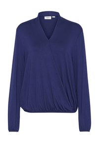Top a V sul collo, con maniche lunghe, in un elegante blu scuro, realizzato in tessuto morbido. Presenta una vestibilità comoda con orlo arricciato ed elasticizzato per dare forma.