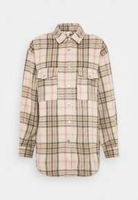 Geruite shirtjack in beige, bruin en roze. Gemaakt van een gestructureerde stof met twee borstzakken en zilveren drukknoopjes.