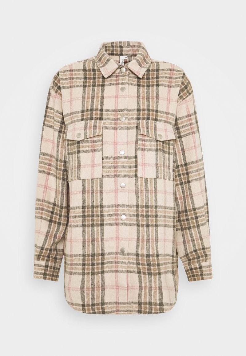 Geruite shirtjack in beige, bruin en roze. Gemaakt van een gestructureerde stof met twee borstzakken en zilveren drukknoopjes.