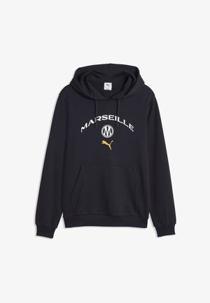 Zwarte hoodie met voorvak, tekst "MARSEILLE", een rond logo en een geel Puma-logo onder de tekst.
