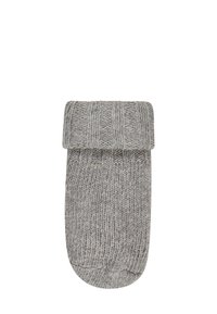 Graue, gestrickte Socke mit einem gerippten Bündchen, aus einem weichen Stoff gefertigt. Sie verfügt über eine glatte Textur und ein abgerundetes Zehendesign.