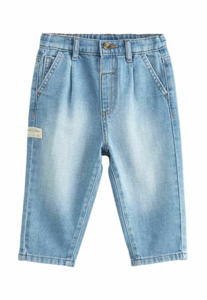 Jean bleu clair pour tout-petit avec bouton et fermeture éclair à l'avant, deux poches latérales, passants pour ceinture et petite étiquette en tissu sur la jambe gauche.