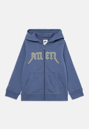 Blaues Zip-Hoodie aus weichem Stoff, mit einem gelben Logo auf der Vorderseite, zwei Fronttaschen und einer einfach gestalteten Kapuze.