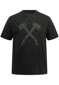 Sort bomulds T-shirt med et grafisk print af to krydsede kvarter i grønt. Korte ærmer og rund halsudskæring med en tekstureret overflade.