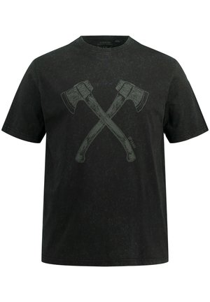 T-shirt in cotone nero con grafica di due asce incrociate di colore verde. Maniche corte e scollatura rotonda con una finitura texturizzata.