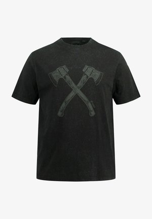 Camiseta de algodón negra con un gráfico de dos hachas cruzadas en verde. Manga corta y un escote redondo con un acabado texturizado.