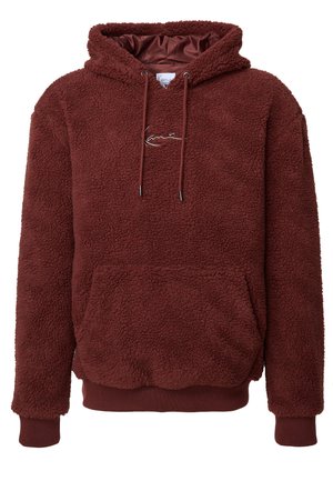 Brown fleece hoodie with a soft, textured surface, a drawstring hood, a front pocket, and ribbed cuffs and hem. Features a logo on the chest.