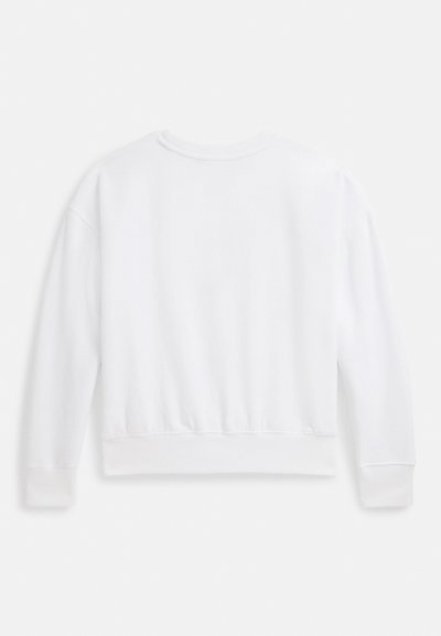 Λευκό μονόχρωμο φούτερ με μακριά μανίκια, στρογγυλή λαιμόκοψη, με ριμπ μανσέτες και τελείωμα, εμφανίζεται από πίσω σε λευκό φόντο.