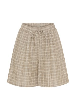 Linnedelm shorts i en lys beige farve med et ternet mønster, der har en elastisk talje og en snor til justerbar pasform.