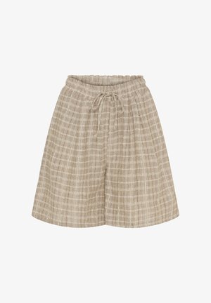 Linnedelm shorts i en lys beige farve med et ternet mønster, der har en elastisk talje og en snor til justerbar pasform.