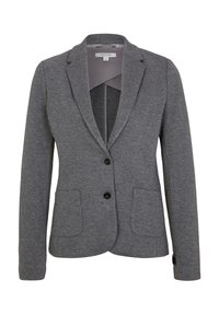 Blazer grigio con un tessuto testurizzato, chiusura a un bottone, revers a punta, due tasche frontali e una fodera interna liscia.