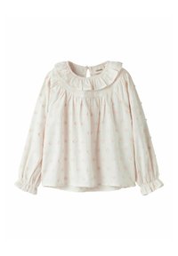 Blusa rosa chiaro a maniche lunghe con scollatura arricciata e motivo floreale testurizzato. Presenta polsini elasticizzati e chiusura con bottone sul retro.