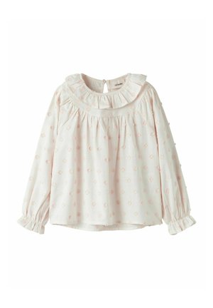 Lichtroze blouse met lange mouwen, een volantsnel en een textuur met bloemenpatroon. Heeft elastische manchetten en een knoopsluiting aan de achterkant.