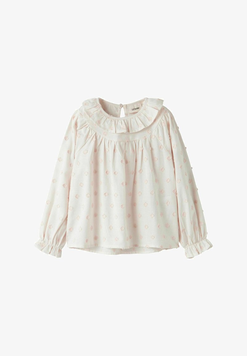 Blusa rosa chiaro a maniche lunghe con scollatura arricciata e motivo floreale testurizzato. Presenta polsini elasticizzati e chiusura con bottone sul retro.