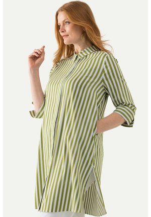 Camicia tunica a righe verdi e bianche, con colletto, maniche lunghe e spacchi laterali. Tessuto leggero, con chiusura frontale con bottoni e tasche.