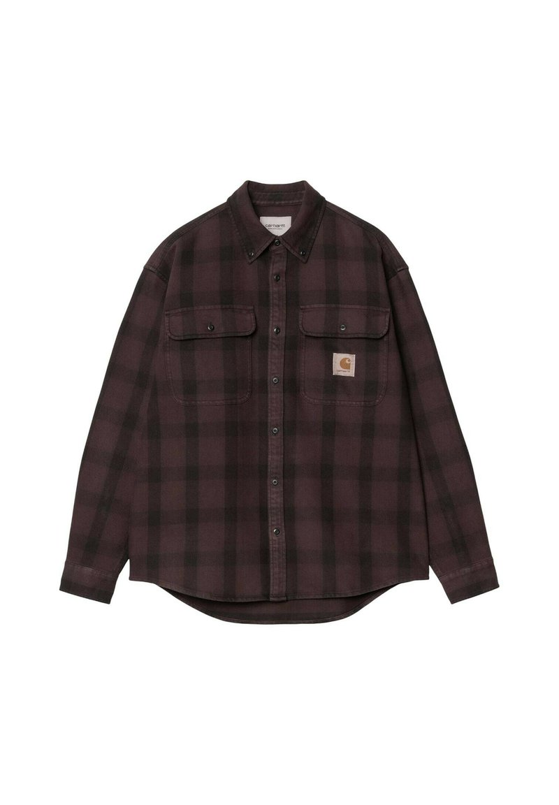 Camicia a maniche lunghe a quadri marrone scuro e nero con bottoni, due tasche sul petto con pattina, una con piccolo patch logo Carhartt.