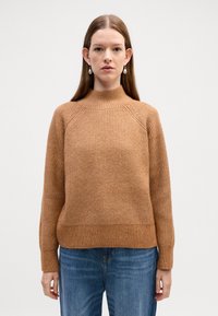 Pulover tricotat maro cu guler înalt, textură cu nervuri și mâneci lungi, asortat cu blugi albaștri. Fără modele sau accente distincte.