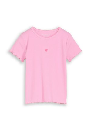 Rosa kurzärmeliges, geripptes T-Shirt mit wellenförmigen Kanten und einem kleinen gestickten Herz in der Mitte der Brust.