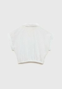 White cropped shirt with a subtle textured pattern, short sleeves, and a flat collar. Elastic hem and loose fit design.