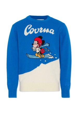 Niebieski sweter dzianinowy z postacią z kreskówki narciarza, z białymi grafikami śniegu oraz słowem "Cortina" w stylizowanym białym letteringze.