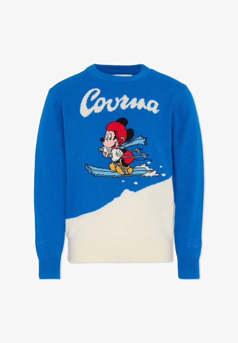 Pull en tricot bleu avec un personnage de dessin animé en train de skier, des motifs de neige blancs et le mot "Cortina" en lettres stylisées blanches.