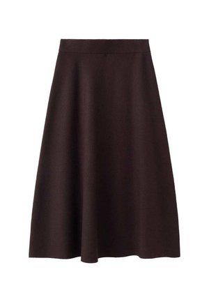 Fustă A-line lungă până la genunchi, de culoare maro închis, cu o textură netedă și un talie ajustată. Fără modele sau accente vizibile. Design simplu.