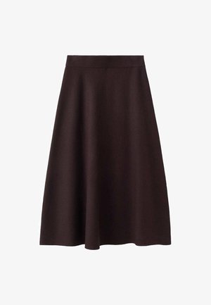 Dark brown, knee-length A-line skirt with a smooth texture and a fitted waistband. No visible patterns or accents. Simple design.