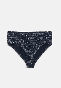 Mørkeblå bomullsbikini underdel med hvitt kattemønster, mid-rise design, og elastisk midje for komfort. Glatt tekstur.