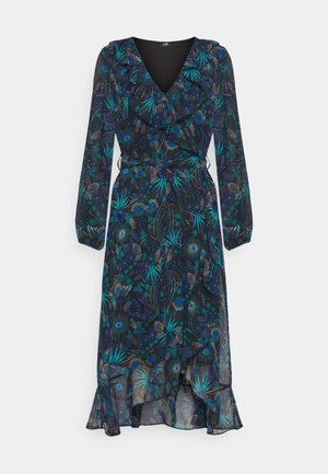 Wikkeljurk met lange mouwen met een blauwgroen bloemenpatroon, een V-hals met ruches, een tailleband en een asymmetrische zoom.