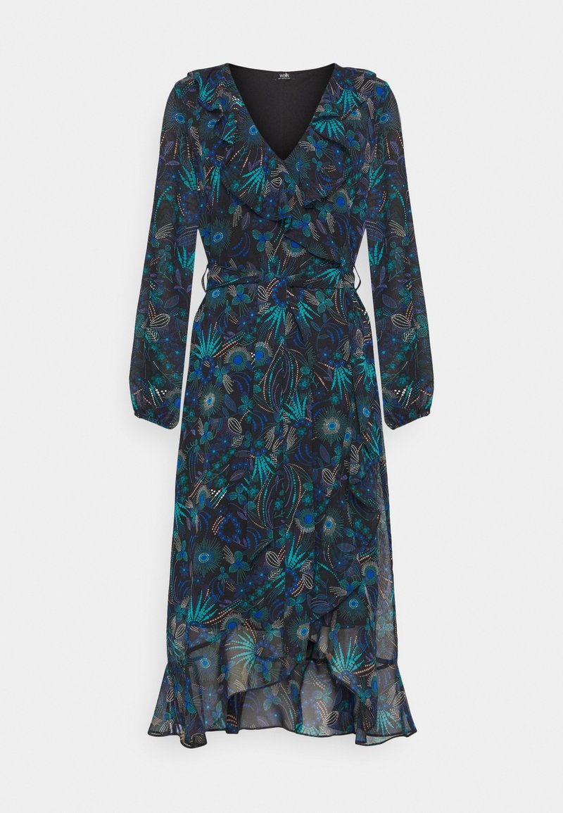 Robe portefeuille à manches longues avec motif floral bleu et vert, encolure en V à volants, taille ceinturée et ourlet asymétrique.